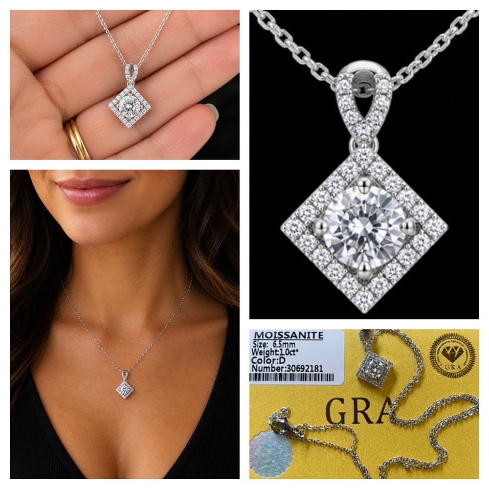 1.0ct  Moissanite Pendant Necklace 925 Stamped Diamond Shaped Halo Certified